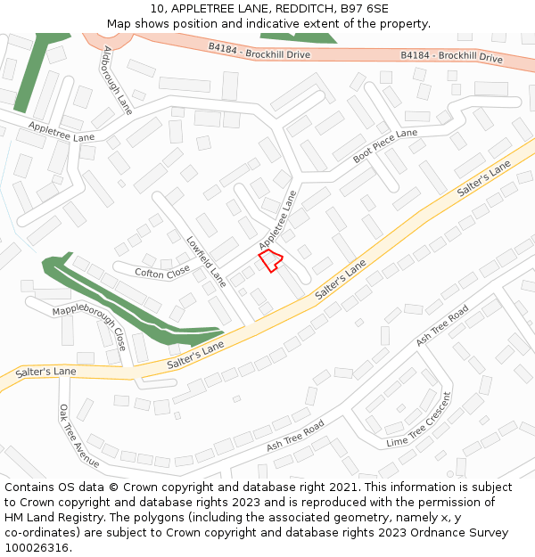 10, APPLETREE LANE, REDDITCH, B97 6SE: Location map and indicative extent of plot