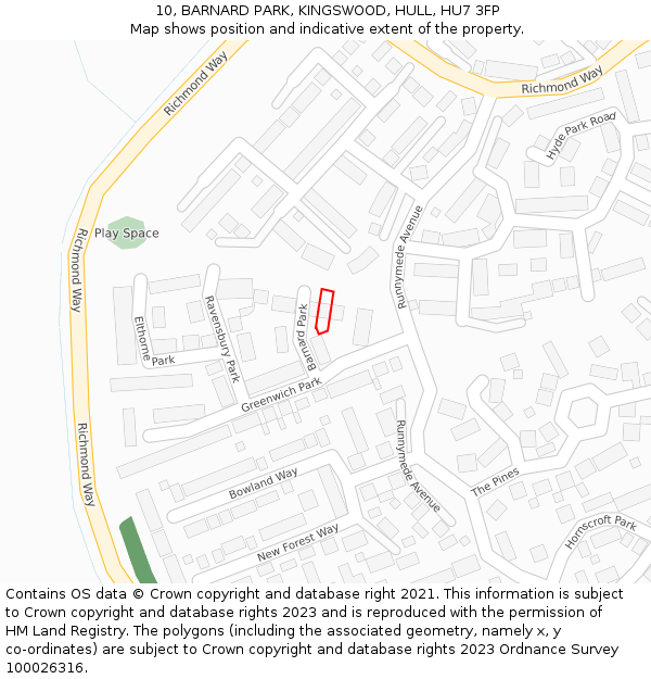 10, BARNARD PARK, KINGSWOOD, HULL, HU7 3FP: Location map and indicative extent of plot