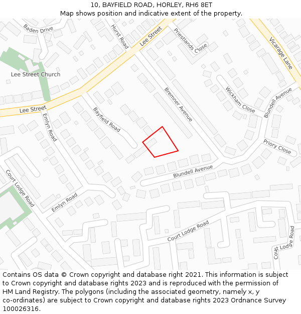10, BAYFIELD ROAD, HORLEY, RH6 8ET: Location map and indicative extent of plot