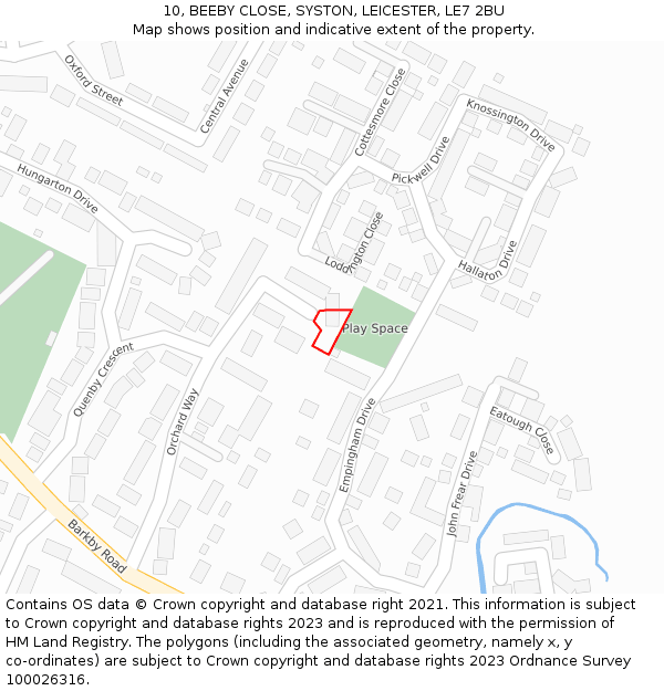 10, BEEBY CLOSE, SYSTON, LEICESTER, LE7 2BU: Location map and indicative extent of plot