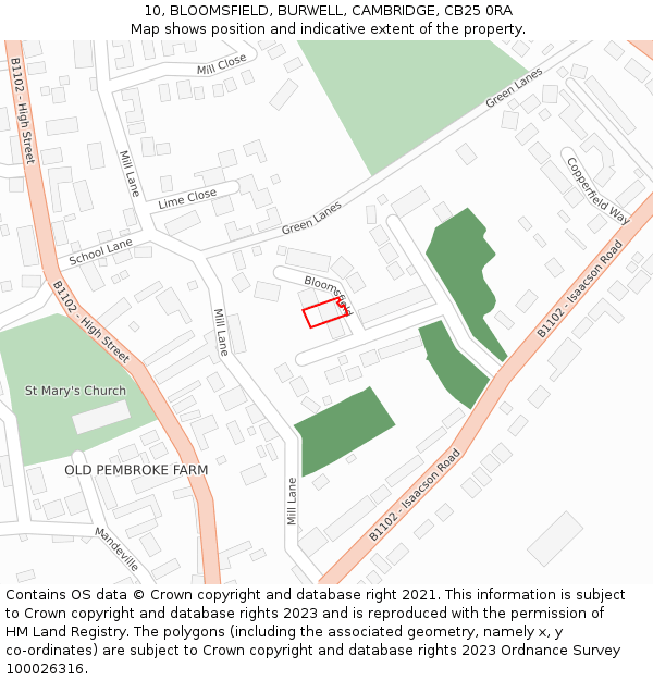 10, BLOOMSFIELD, BURWELL, CAMBRIDGE, CB25 0RA: Location map and indicative extent of plot