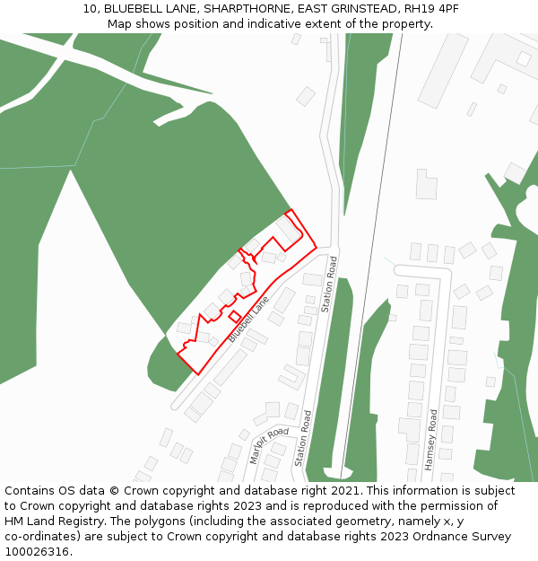 10, BLUEBELL LANE, SHARPTHORNE, EAST GRINSTEAD, RH19 4PF: Location map and indicative extent of plot