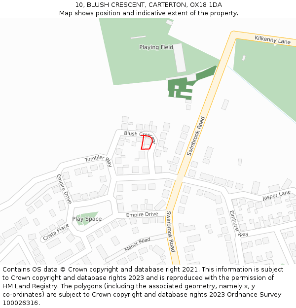 10, BLUSH CRESCENT, CARTERTON, OX18 1DA: Location map and indicative extent of plot