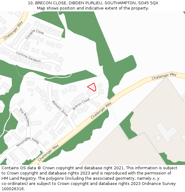 10, BRECON CLOSE, DIBDEN PURLIEU, SOUTHAMPTON, SO45 5QX: Location map and indicative extent of plot