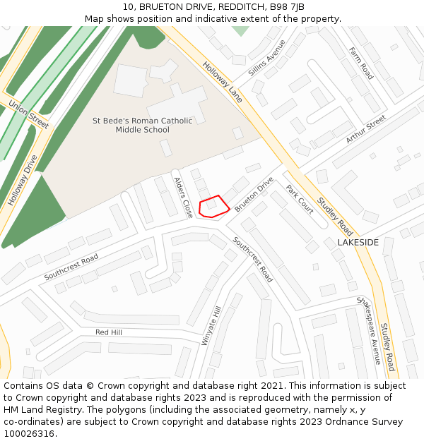 10, BRUETON DRIVE, REDDITCH, B98 7JB: Location map and indicative extent of plot