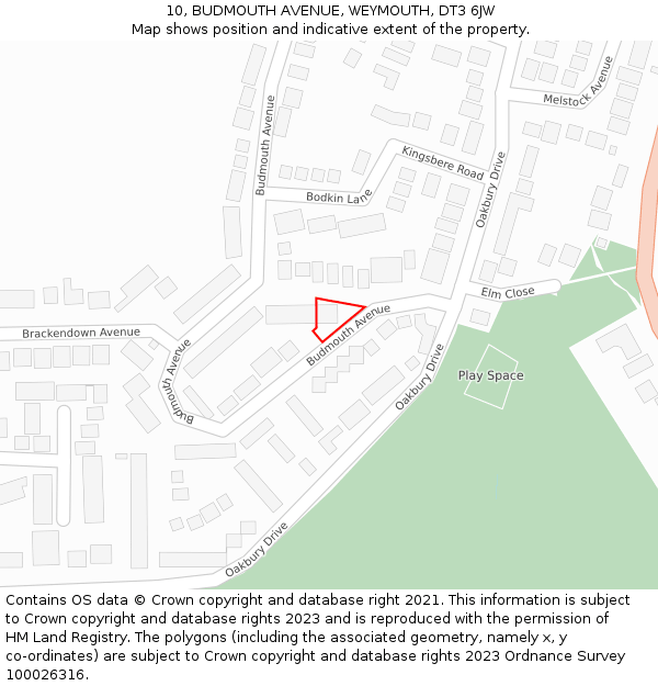 10, BUDMOUTH AVENUE, WEYMOUTH, DT3 6JW: Location map and indicative extent of plot