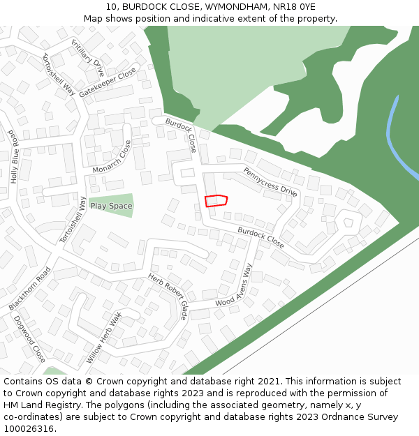 10, BURDOCK CLOSE, WYMONDHAM, NR18 0YE: Location map and indicative extent of plot