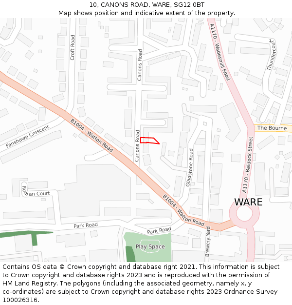 10, CANONS ROAD, WARE, SG12 0BT: Location map and indicative extent of plot