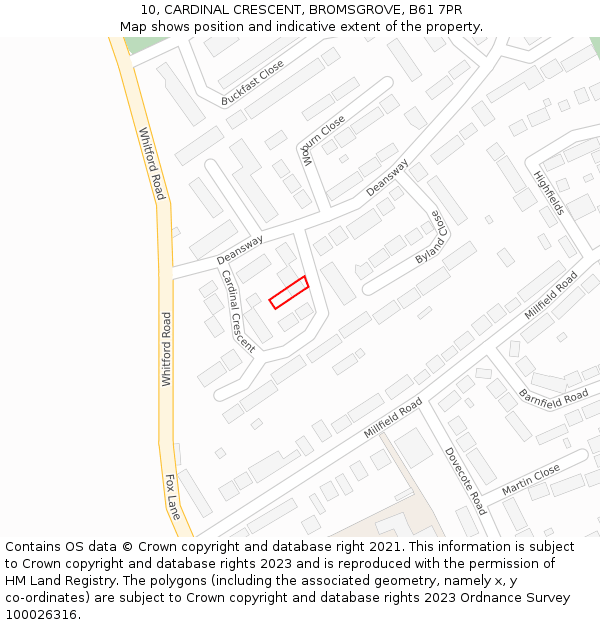 10, CARDINAL CRESCENT, BROMSGROVE, B61 7PR: Location map and indicative extent of plot