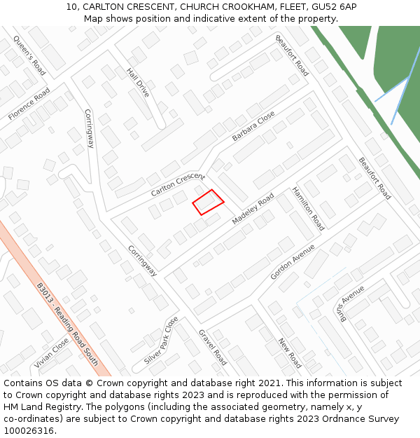 10, CARLTON CRESCENT, CHURCH CROOKHAM, FLEET, GU52 6AP: Location map and indicative extent of plot