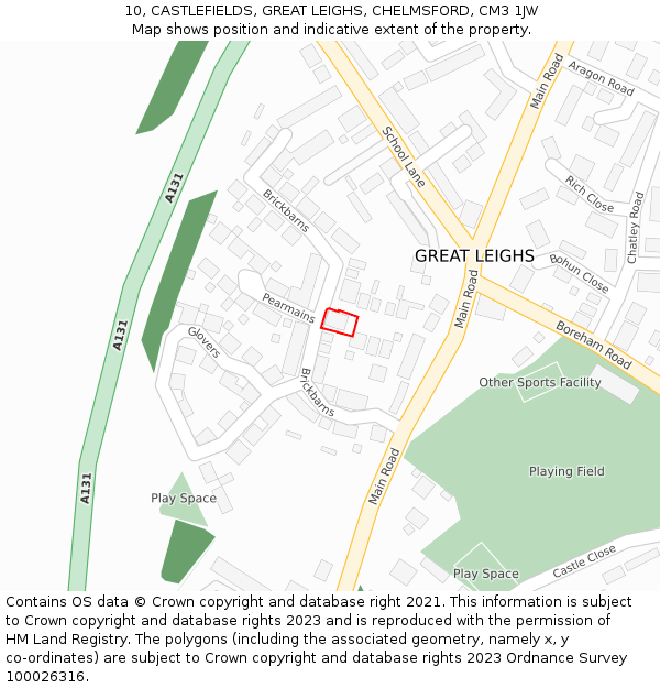 10, CASTLEFIELDS, GREAT LEIGHS, CHELMSFORD, CM3 1JW: Location map and indicative extent of plot