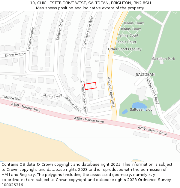 10, CHICHESTER DRIVE WEST, SALTDEAN, BRIGHTON, BN2 8SH: Location map and indicative extent of plot