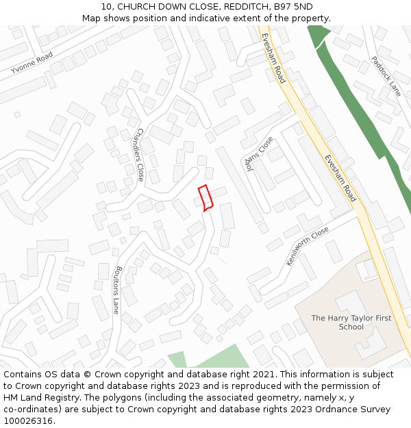 10, CHURCH DOWN CLOSE, REDDITCH, B97 5ND: Location map and indicative extent of plot