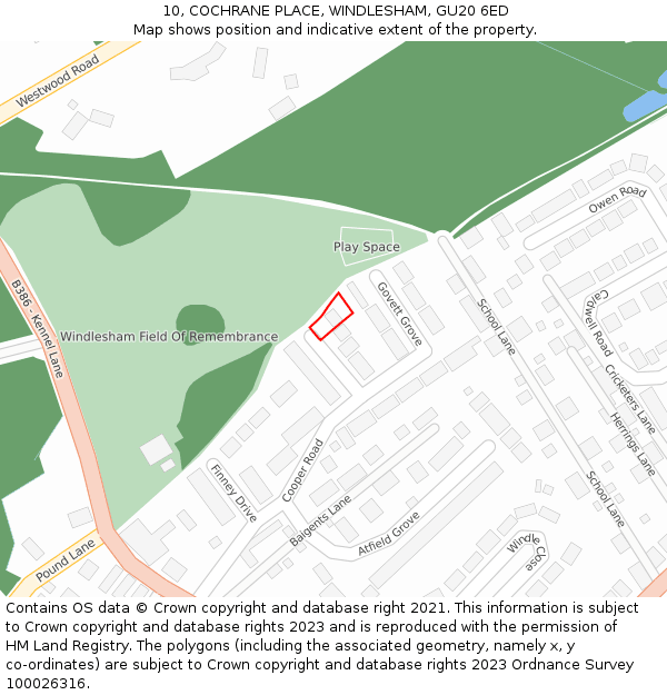 10, COCHRANE PLACE, WINDLESHAM, GU20 6ED: Location map and indicative extent of plot