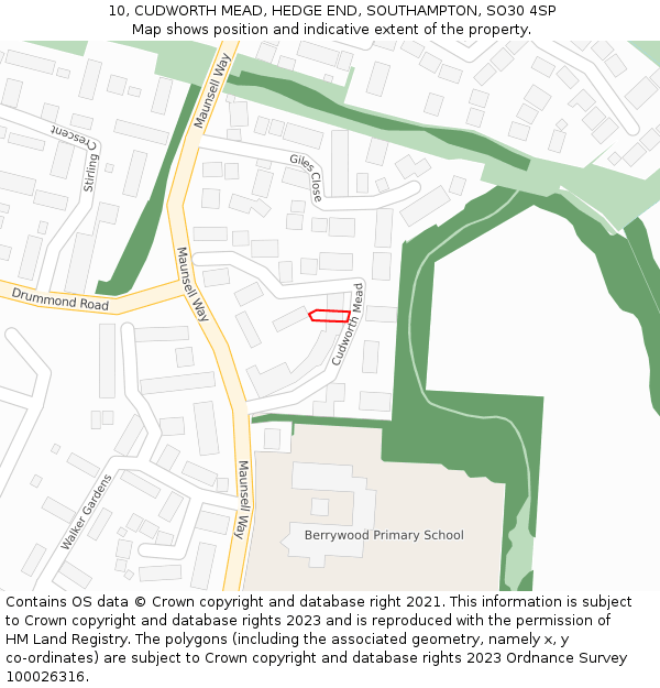 10, CUDWORTH MEAD, HEDGE END, SOUTHAMPTON, SO30 4SP: Location map and indicative extent of plot