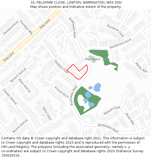 10, FIELDFARE CLOSE, LOWTON, WARRINGTON, WA3 2GN: Location map and indicative extent of plot