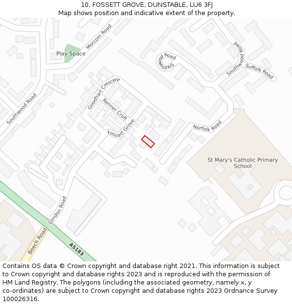 10, FOSSETT GROVE, DUNSTABLE, LU6 3FJ: Location map and indicative extent of plot