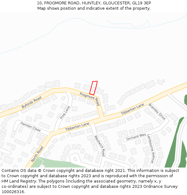 10, FROGMORE ROAD, HUNTLEY, GLOUCESTER, GL19 3EP: Location map and indicative extent of plot