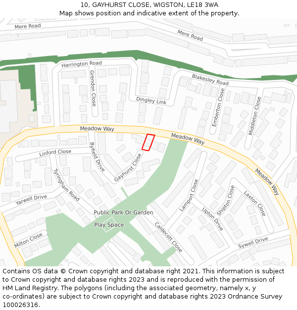 10, GAYHURST CLOSE, WIGSTON, LE18 3WA: Location map and indicative extent of plot