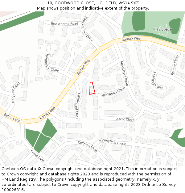 10, GOODWOOD CLOSE, LICHFIELD, WS14 9XZ: Location map and indicative extent of plot