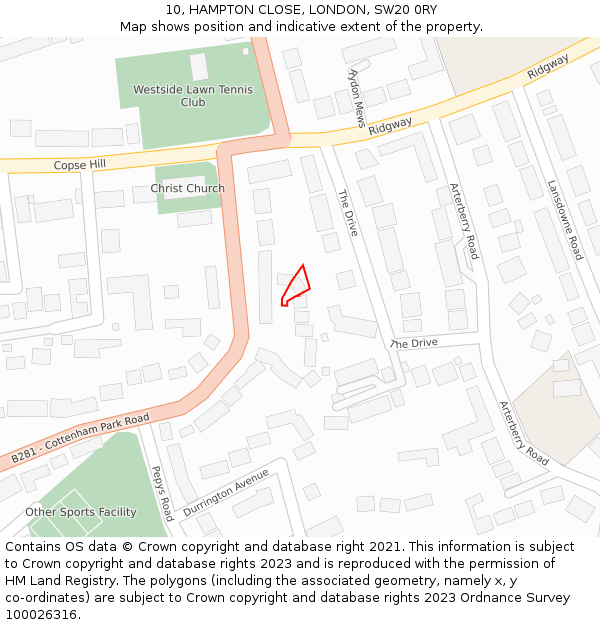 10, HAMPTON CLOSE, LONDON, SW20 0RY: Location map and indicative extent of plot