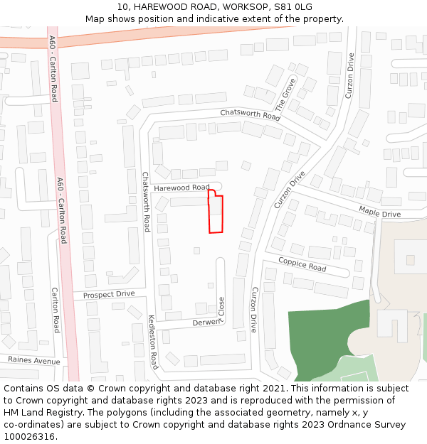 10, HAREWOOD ROAD, WORKSOP, S81 0LG: Location map and indicative extent of plot