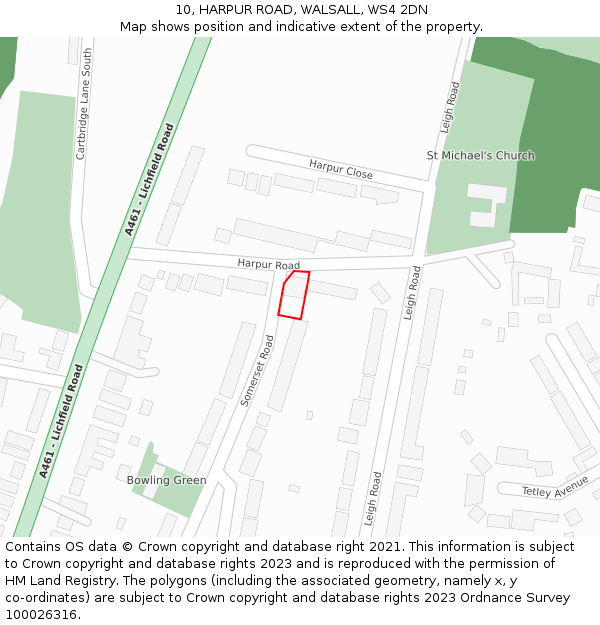 10, HARPUR ROAD, WALSALL, WS4 2DN: Location map and indicative extent of plot