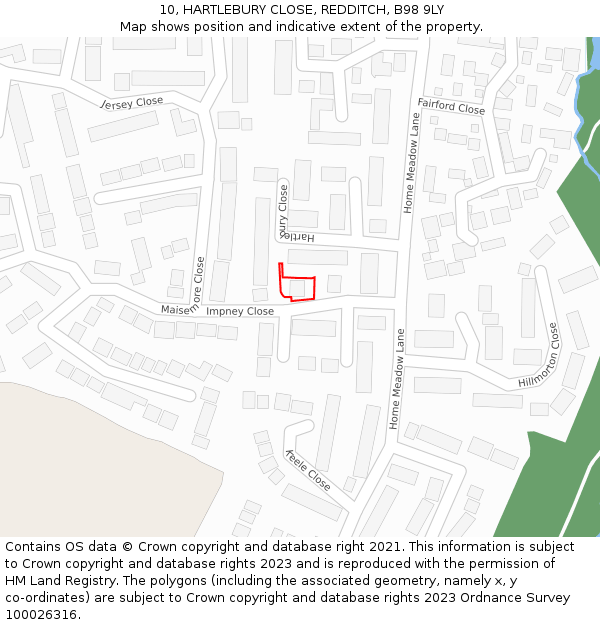 10, HARTLEBURY CLOSE, REDDITCH, B98 9LY: Location map and indicative extent of plot