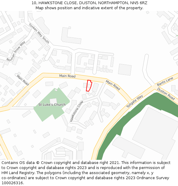 10, HAWKSTONE CLOSE, DUSTON, NORTHAMPTON, NN5 6RZ: Location map and indicative extent of plot