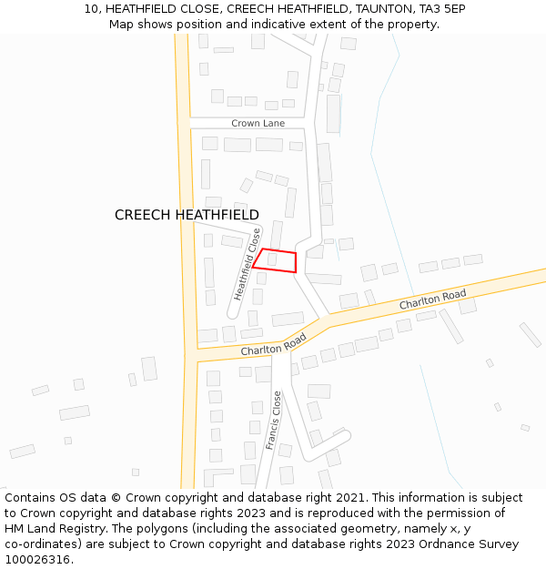 10, HEATHFIELD CLOSE, CREECH HEATHFIELD, TAUNTON, TA3 5EP: Location map and indicative extent of plot