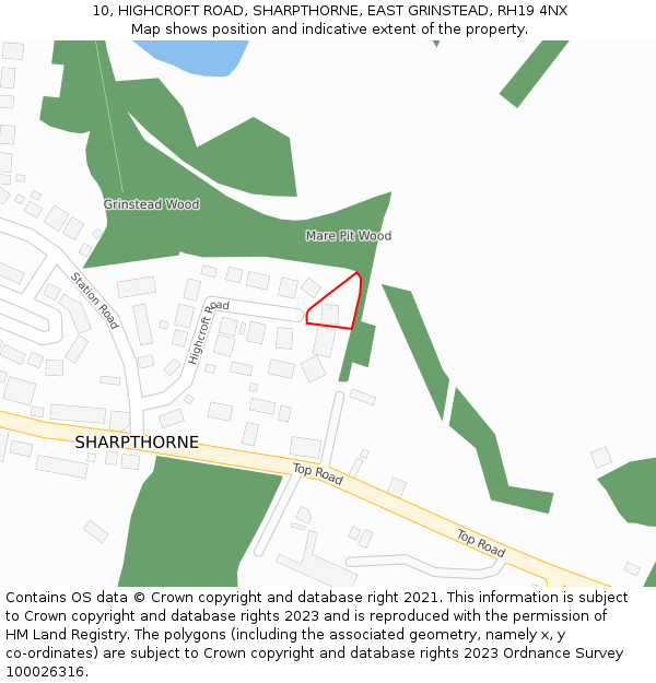 10, HIGHCROFT ROAD, SHARPTHORNE, EAST GRINSTEAD, RH19 4NX: Location map and indicative extent of plot