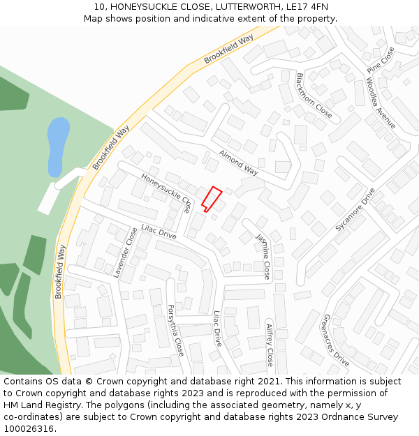 10, HONEYSUCKLE CLOSE, LUTTERWORTH, LE17 4FN: Location map and indicative extent of plot