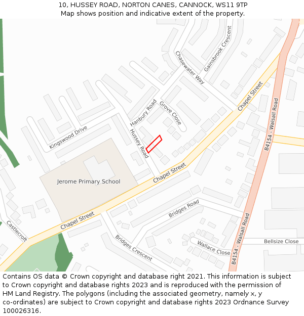 10, HUSSEY ROAD, NORTON CANES, CANNOCK, WS11 9TP: Location map and indicative extent of plot