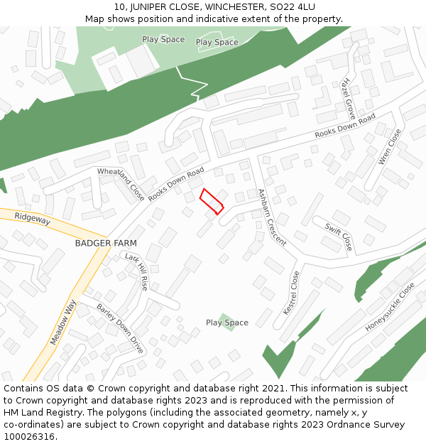 10, JUNIPER CLOSE, WINCHESTER, SO22 4LU: Location map and indicative extent of plot
