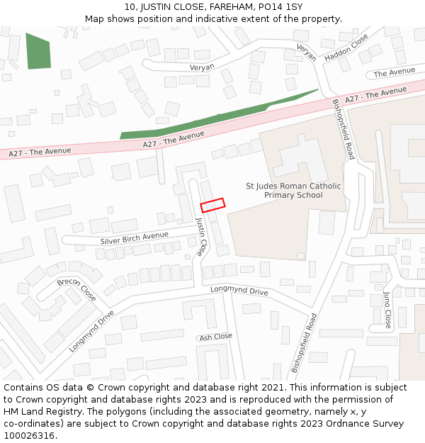 10, JUSTIN CLOSE, FAREHAM, PO14 1SY: Location map and indicative extent of plot