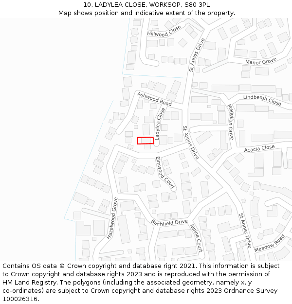 10, LADYLEA CLOSE, WORKSOP, S80 3PL: Location map and indicative extent of plot