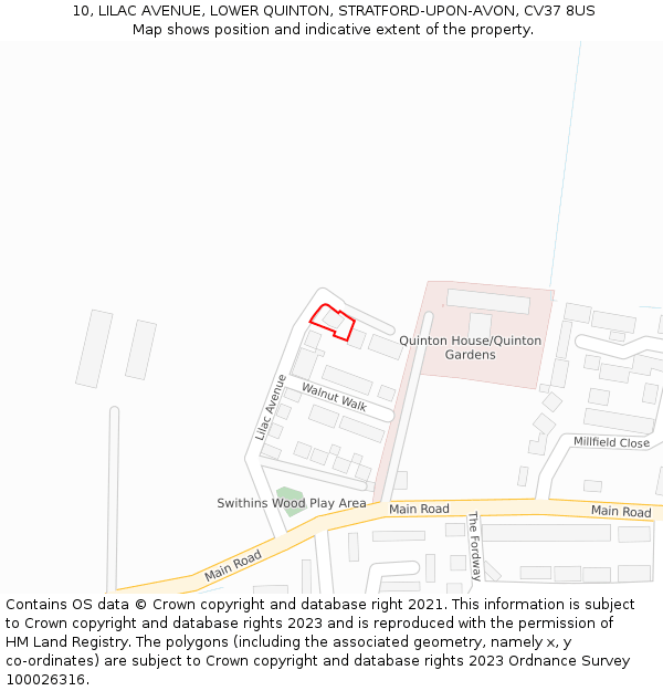 10, LILAC AVENUE, LOWER QUINTON, STRATFORD-UPON-AVON, CV37 8US: Location map and indicative extent of plot