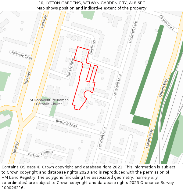 10, LYTTON GARDENS, WELWYN GARDEN CITY, AL8 6EG: Location map and indicative extent of plot