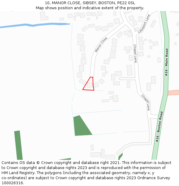 10, MANOR CLOSE, SIBSEY, BOSTON, PE22 0SL: Location map and indicative extent of plot