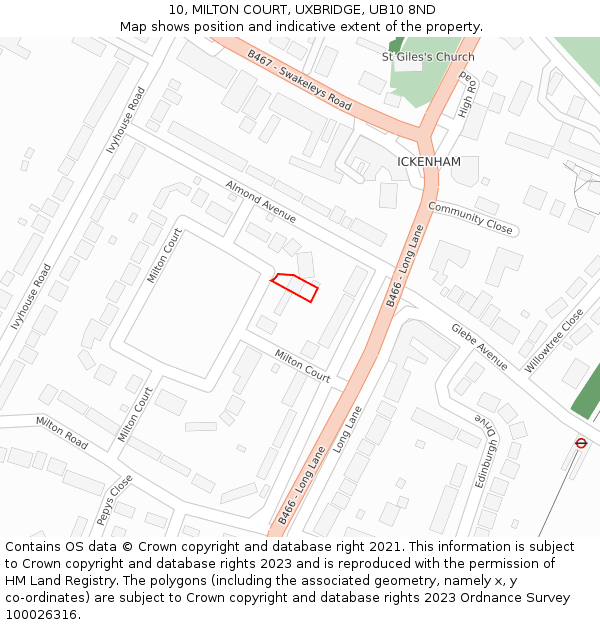 10, MILTON COURT, UXBRIDGE, UB10 8ND: Location map and indicative extent of plot