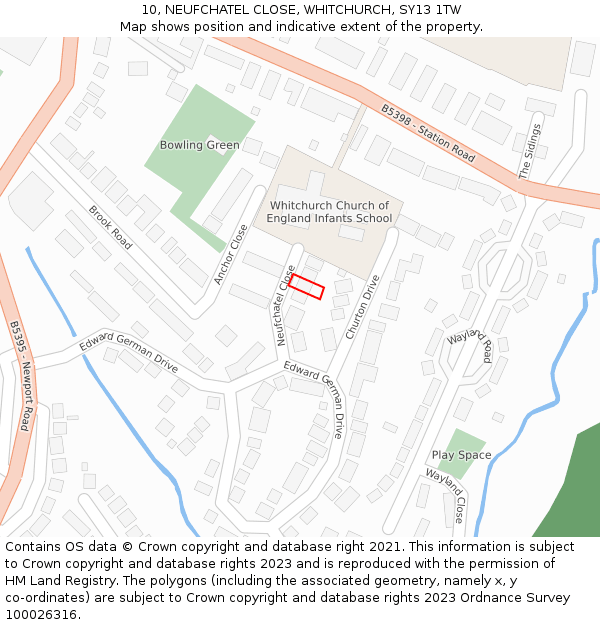 10, NEUFCHATEL CLOSE, WHITCHURCH, SY13 1TW: Location map and indicative extent of plot