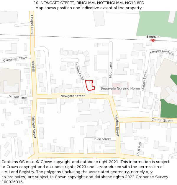 10, NEWGATE STREET, BINGHAM, NOTTINGHAM, NG13 8FD: Location map and indicative extent of plot