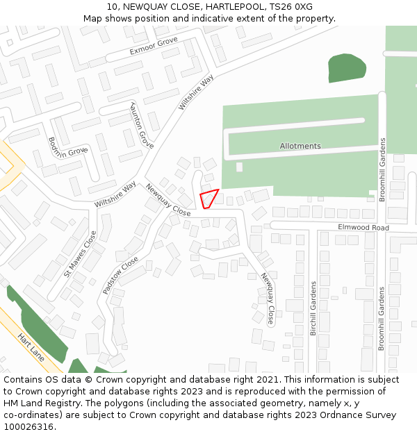 10, NEWQUAY CLOSE, HARTLEPOOL, TS26 0XG: Location map and indicative extent of plot