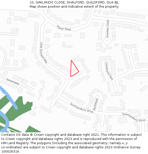 10, OAKLANDS CLOSE, SHALFORD, GUILDFORD, GU4 8JL: Location map and indicative extent of plot