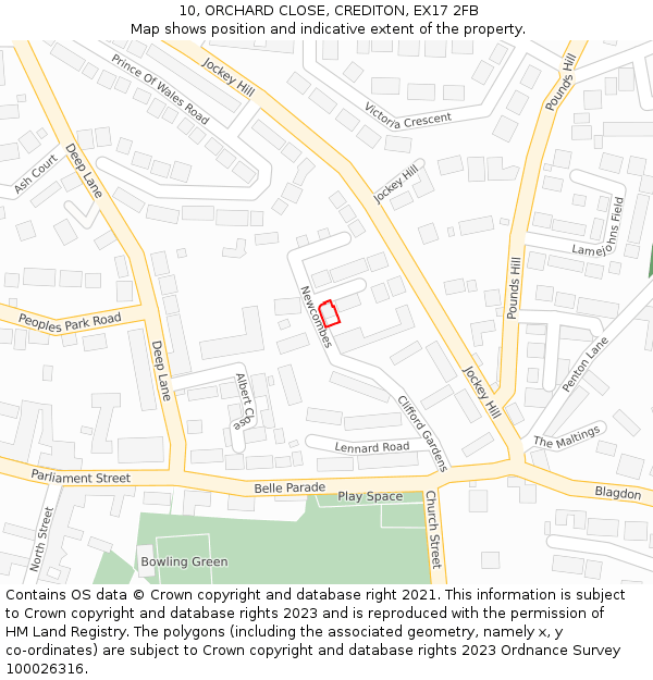 10, ORCHARD CLOSE, CREDITON, EX17 2FB: Location map and indicative extent of plot