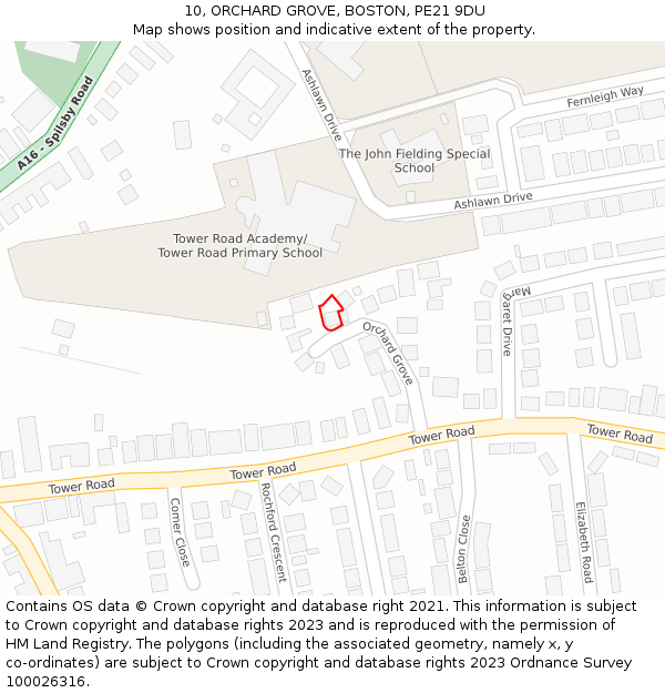 10, ORCHARD GROVE, BOSTON, PE21 9DU: Location map and indicative extent of plot