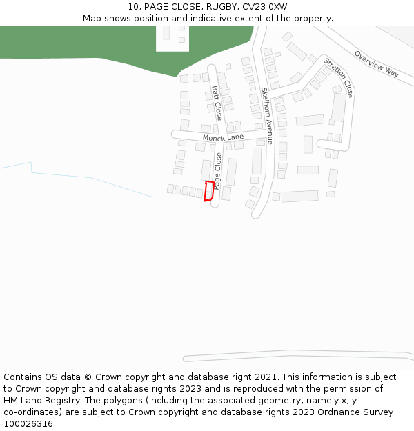 10, PAGE CLOSE, RUGBY, CV23 0XW: Location map and indicative extent of plot