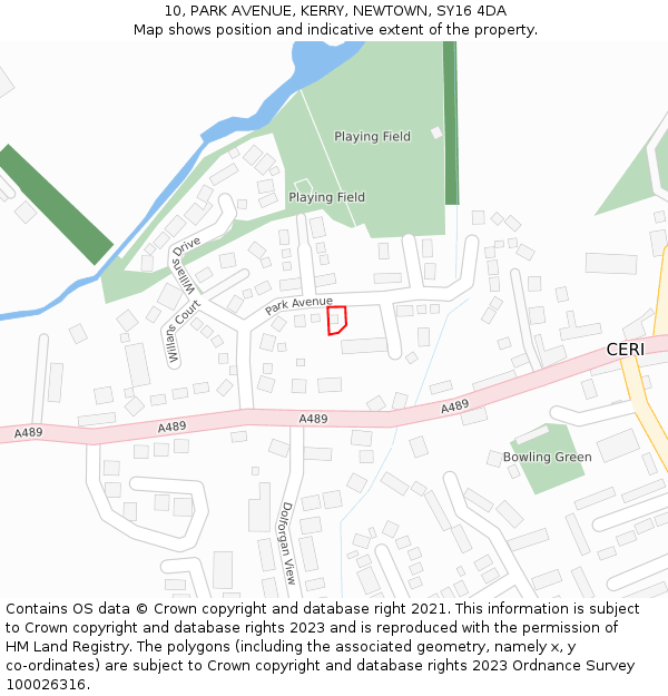 10, PARK AVENUE, KERRY, NEWTOWN, SY16 4DA: Location map and indicative extent of plot