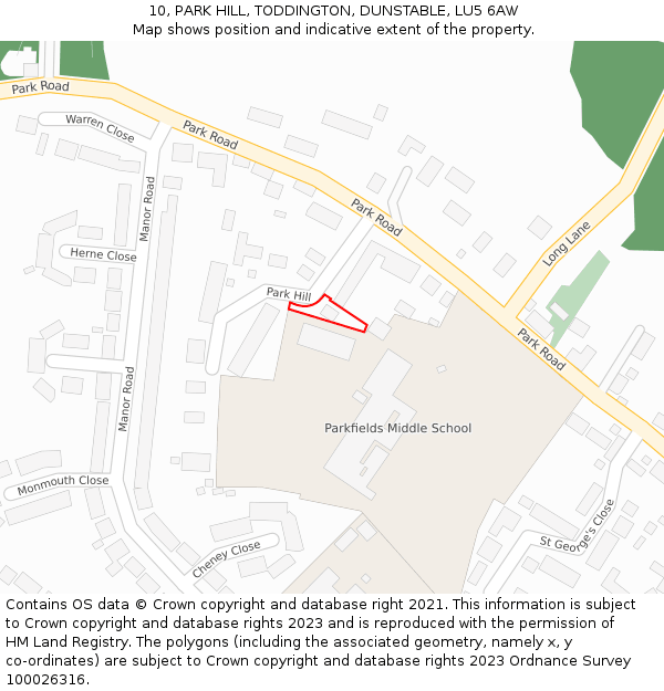 10, PARK HILL, TODDINGTON, DUNSTABLE, LU5 6AW: Location map and indicative extent of plot