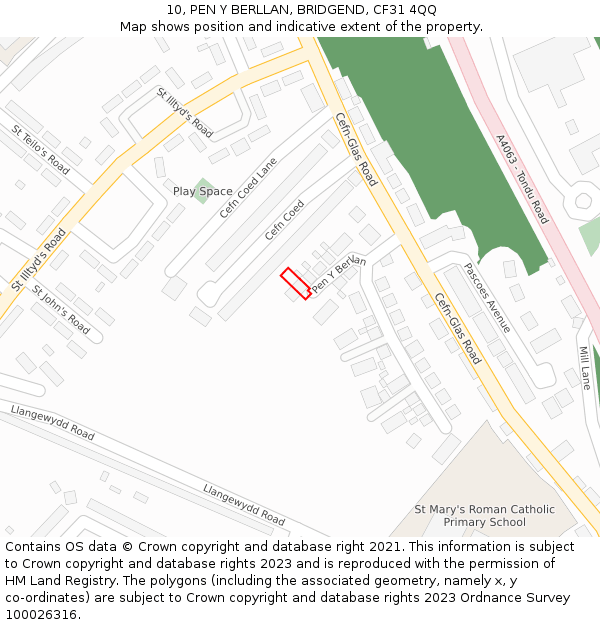 10, PEN Y BERLLAN, BRIDGEND, CF31 4QQ: Location map and indicative extent of plot